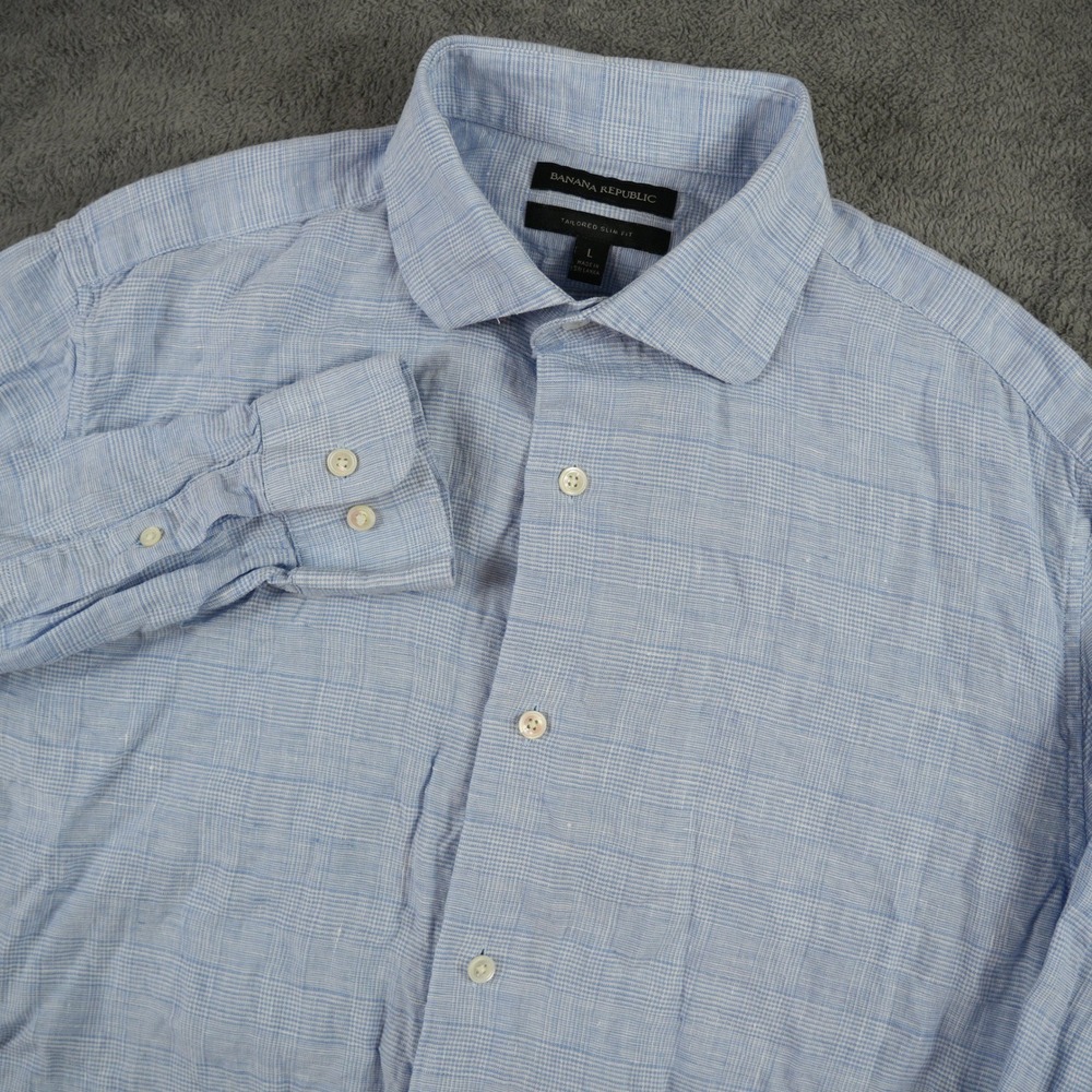 Banana‎ Republic Button Up Shirt Mens L Blue Tailored Slim Fit Linen Glen Check